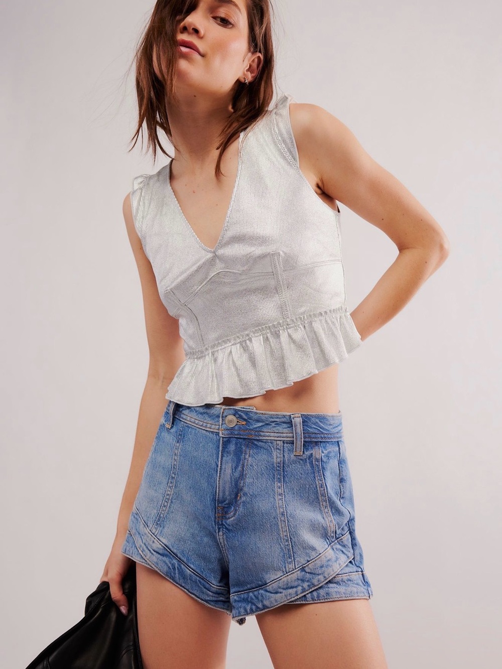 Free People Metallic Silver V-Neck Ruffle Crop Tank